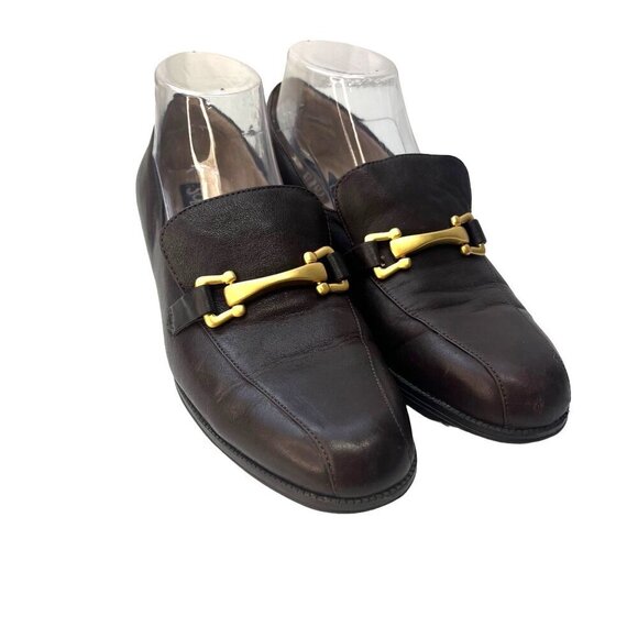 Solos Brown Leather Slip on Ladies Loafers Gold Buckle Size 8.5N - Picture 1 of 9